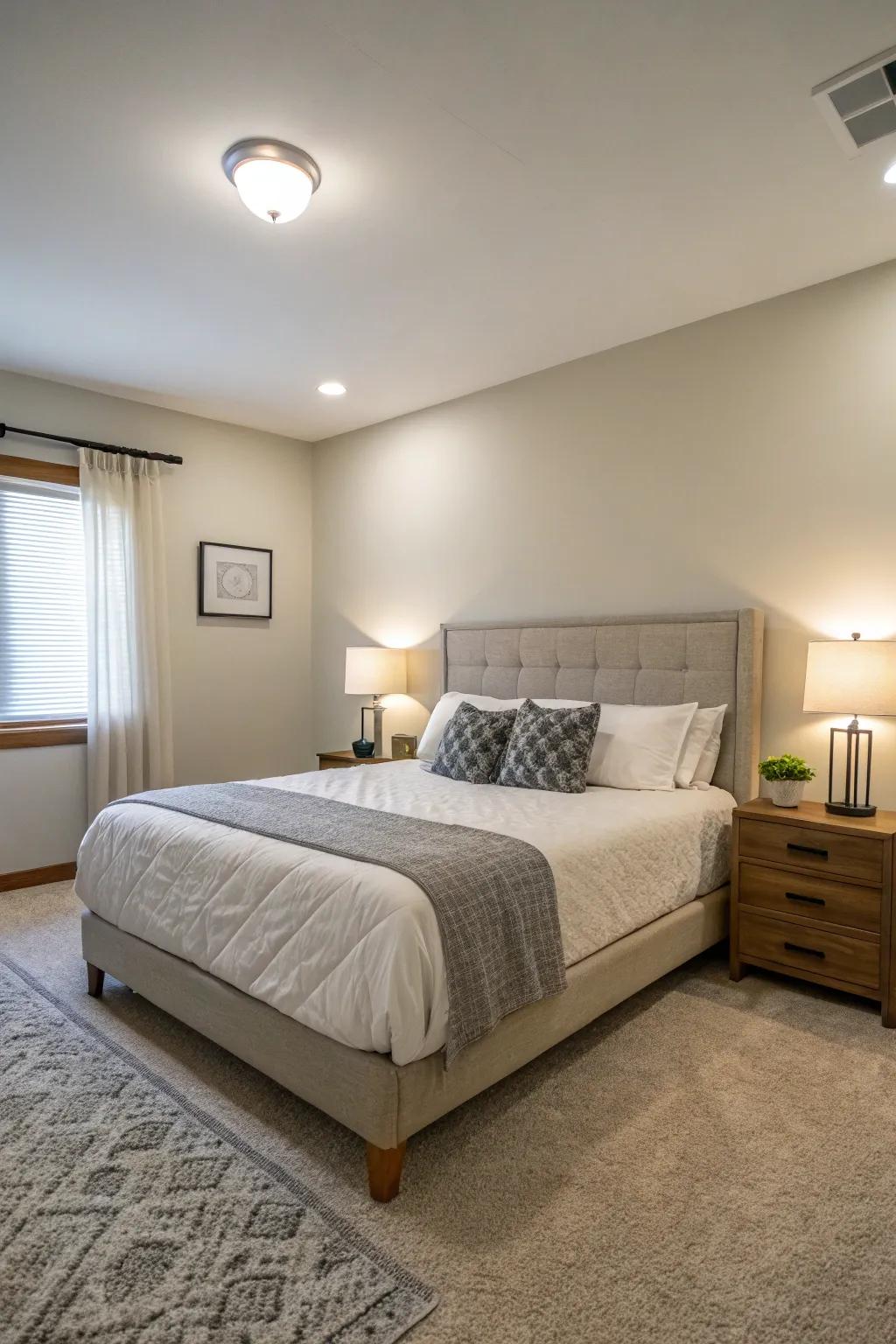 A queen-size bed takes center stage, providing balance and flow.