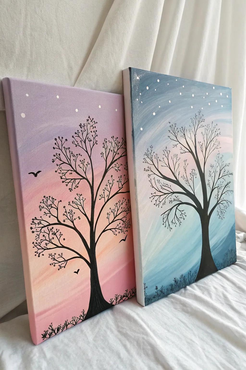Bring a touch of magic to your space with whimsical tree silhouettes against a dreamy sky.