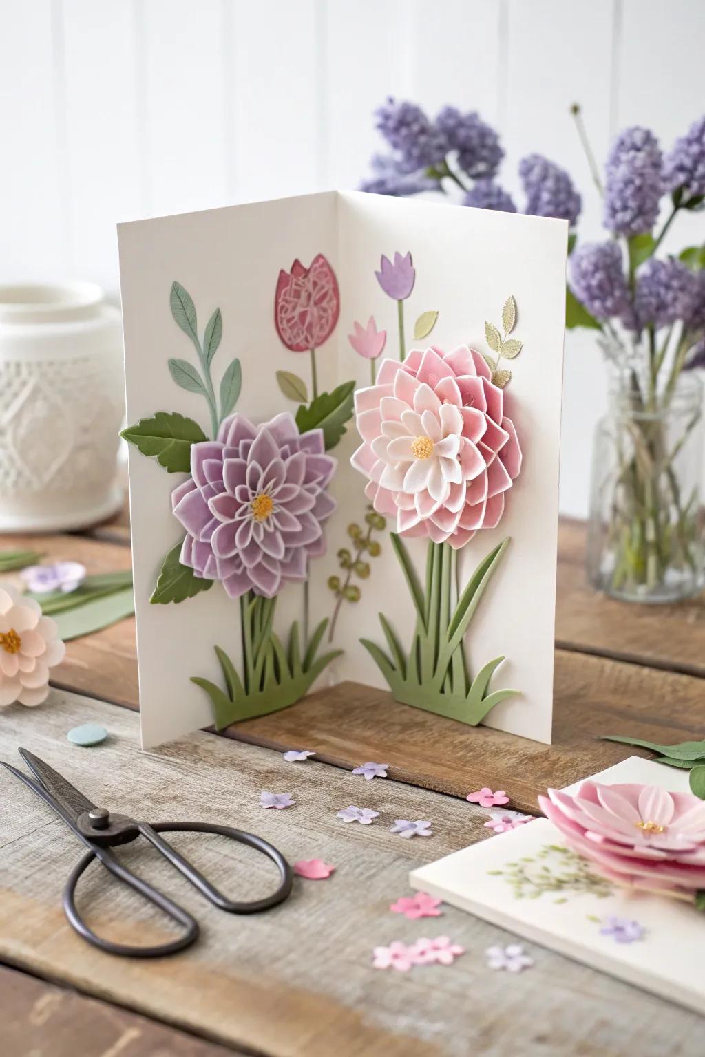 Bring spring into your home with this enchanting pop-up flower garden card, a perfect blend of minimalism and botanical beauty.