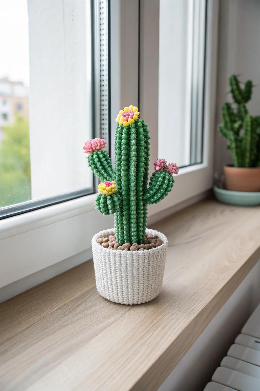 Add a touch of everlasting bloom to your space with this charming 3D Perler bead cactus.