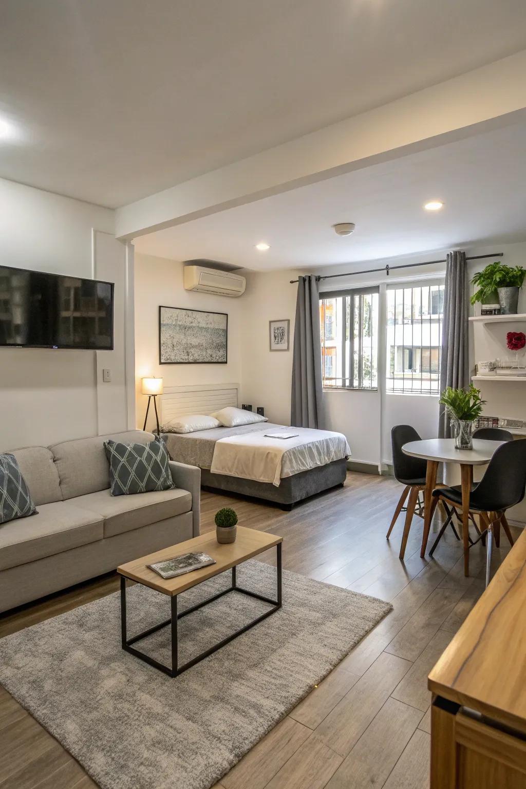 Seamlessly merge your living spaces for a harmonious studio apartment.