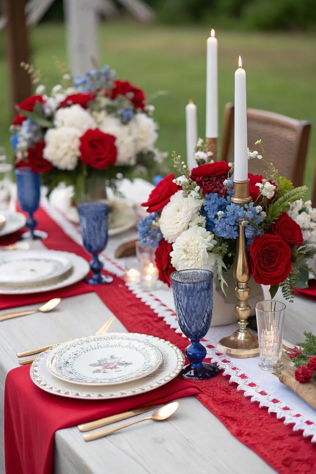 A beautifully coordinated table setting that brings the 4th of July theme to life.