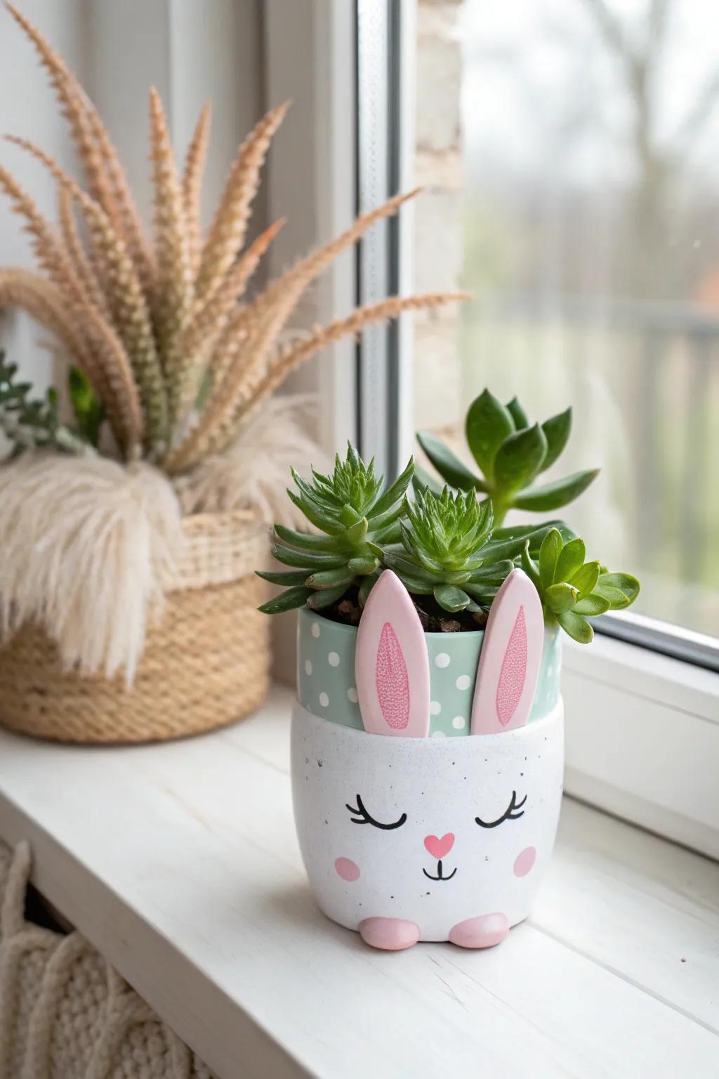 Bring a touch of whimsy to your home with this charming bunny planter made from a recycled plastic bottle!