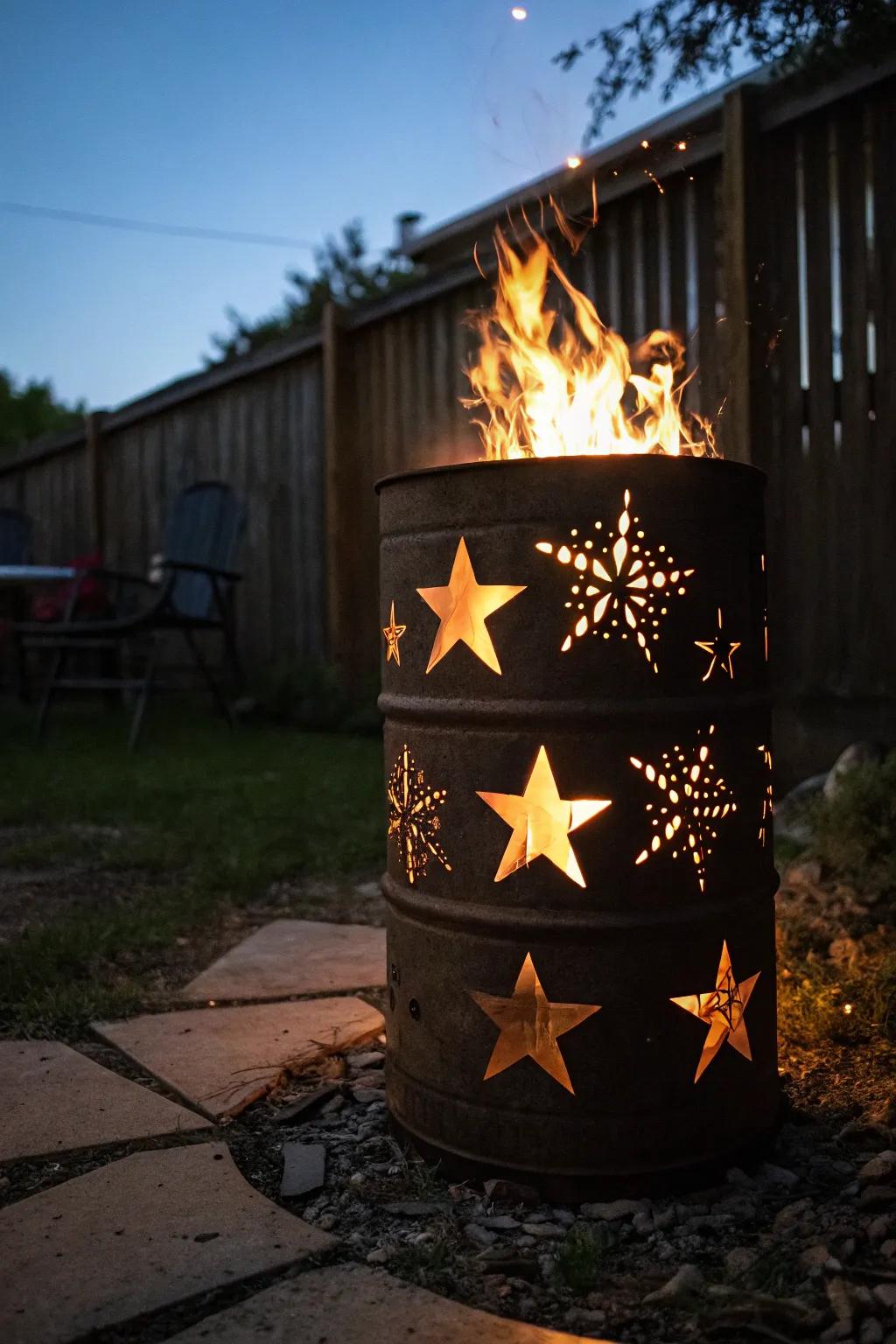 Illuminate your nights with starry elegance: a handcrafted burn barrel masterpiece.