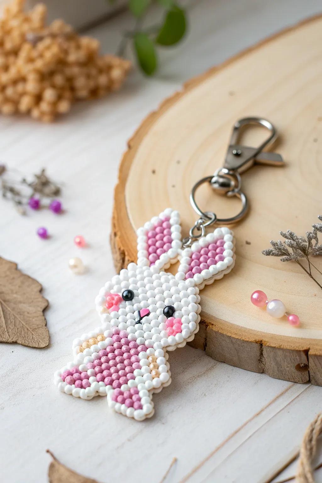 Bring a smile to your day with a charming bunny keychain made from perler beads. Perfect for adding a whimsical touch to your keys or bag!