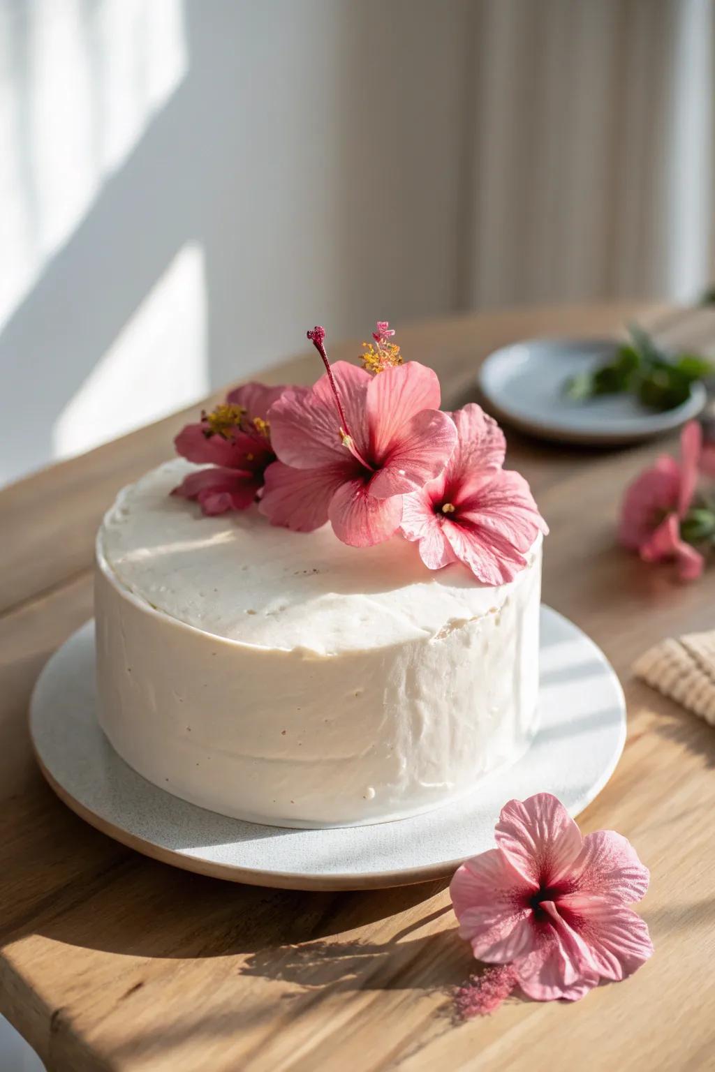 Embrace the Aloha spirit with a minimalist Hibiscus Flower Cake that combines simplicity and vibrant beauty.