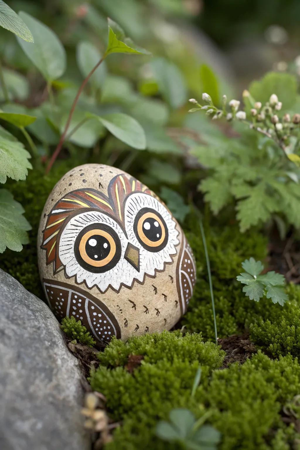 Discover the charm of whimsical owl faces painted on stones, bringing a touch of magic to your garden.
