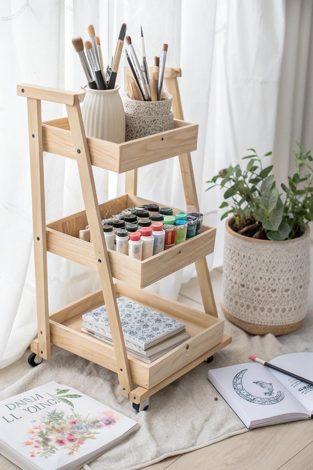 Transform your art space with a stylish multi-tier cart that brings order and elegance to your creative corner. #ArtCartOrganization #ScandinavianBoho