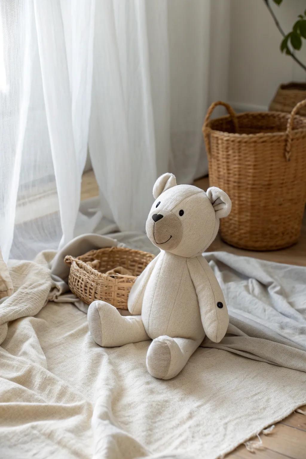 Embrace the warmth of simplicity with this organic cotton teddy bear, a timeless companion for your little one.