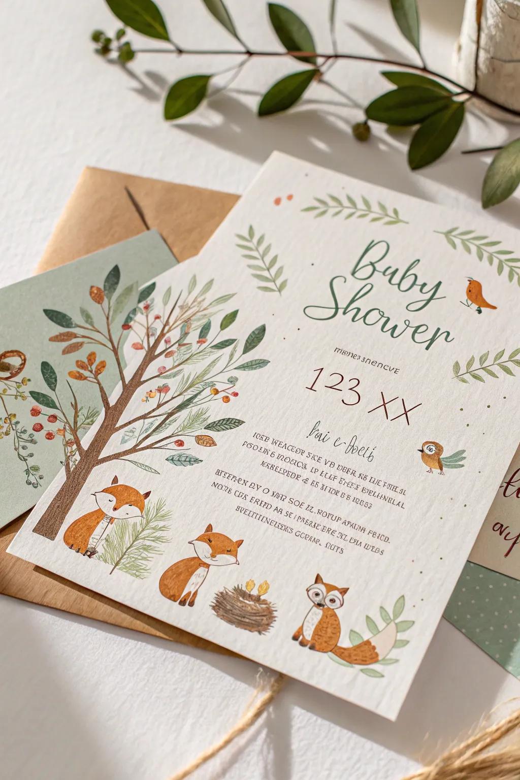 Invite your guests into a whimsical woodland wonderland with this charming invitation card, where playful foxes and curious owls set the tone for a magical celebration.