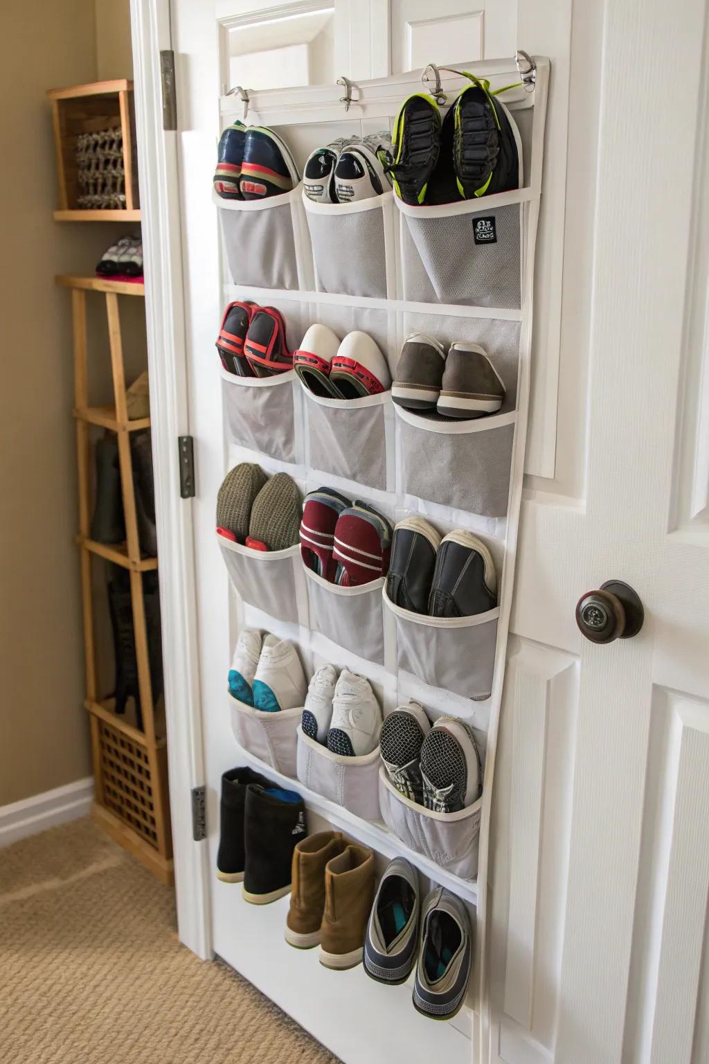 Efficiently utilize vertical space with over-the-door shoe organizers.