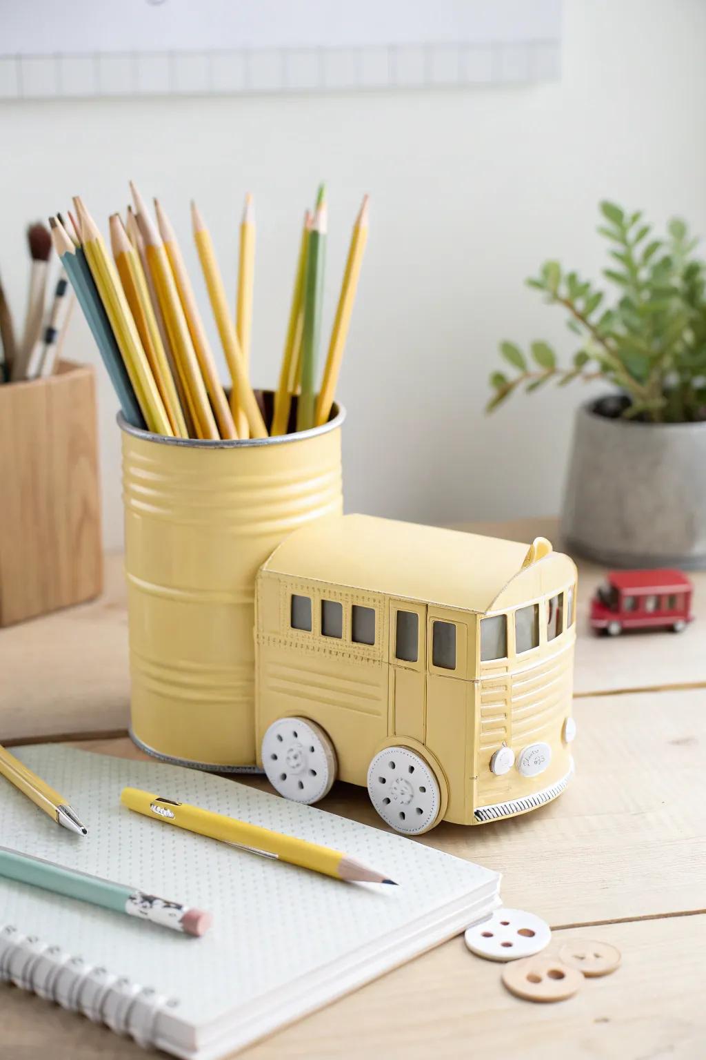 Add a touch of whimsy and creativity to your desk with this charming DIY school bus pencil holder. Perfect for organizing your pens and pencils in style!