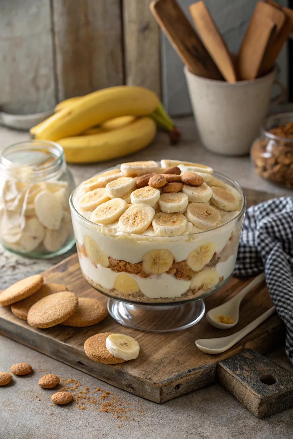 Layered banana pudding in a trifle bowl, a perfect centerpiece for any occasion.