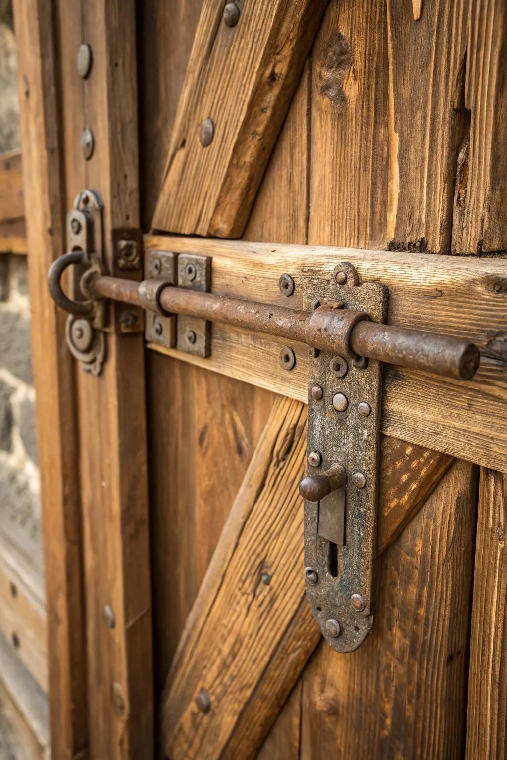 Unlock rustic elegance with a classic sliding bolt lock—where craftsmanship meets charm.