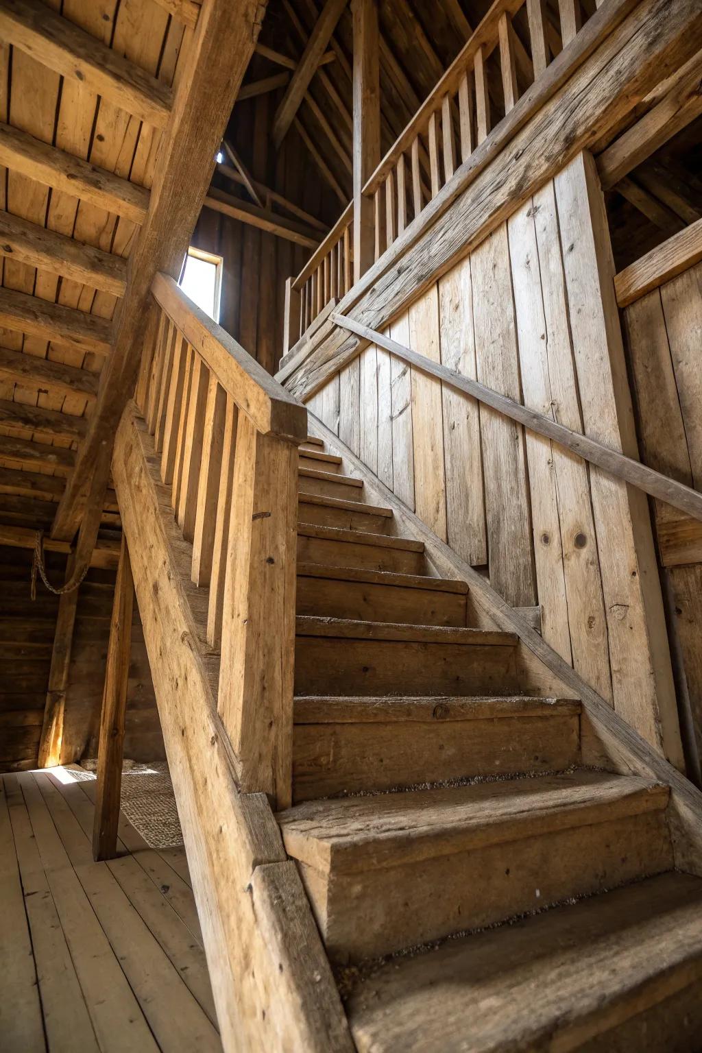 Classic wooden stairs made from reclaimed timber bring warmth and authenticity.