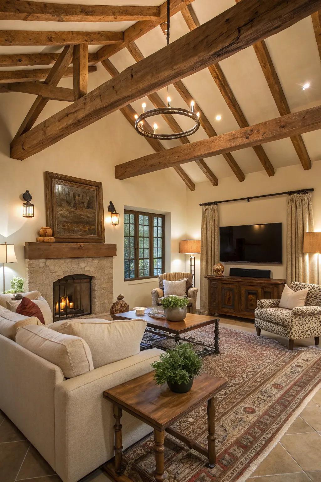 Exposed wood beams bring warmth and character to the room