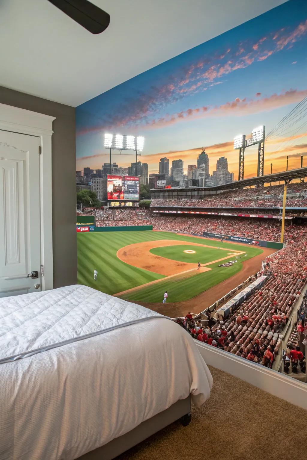 A baseball stadium mural creates a captivating focal point in any room.
