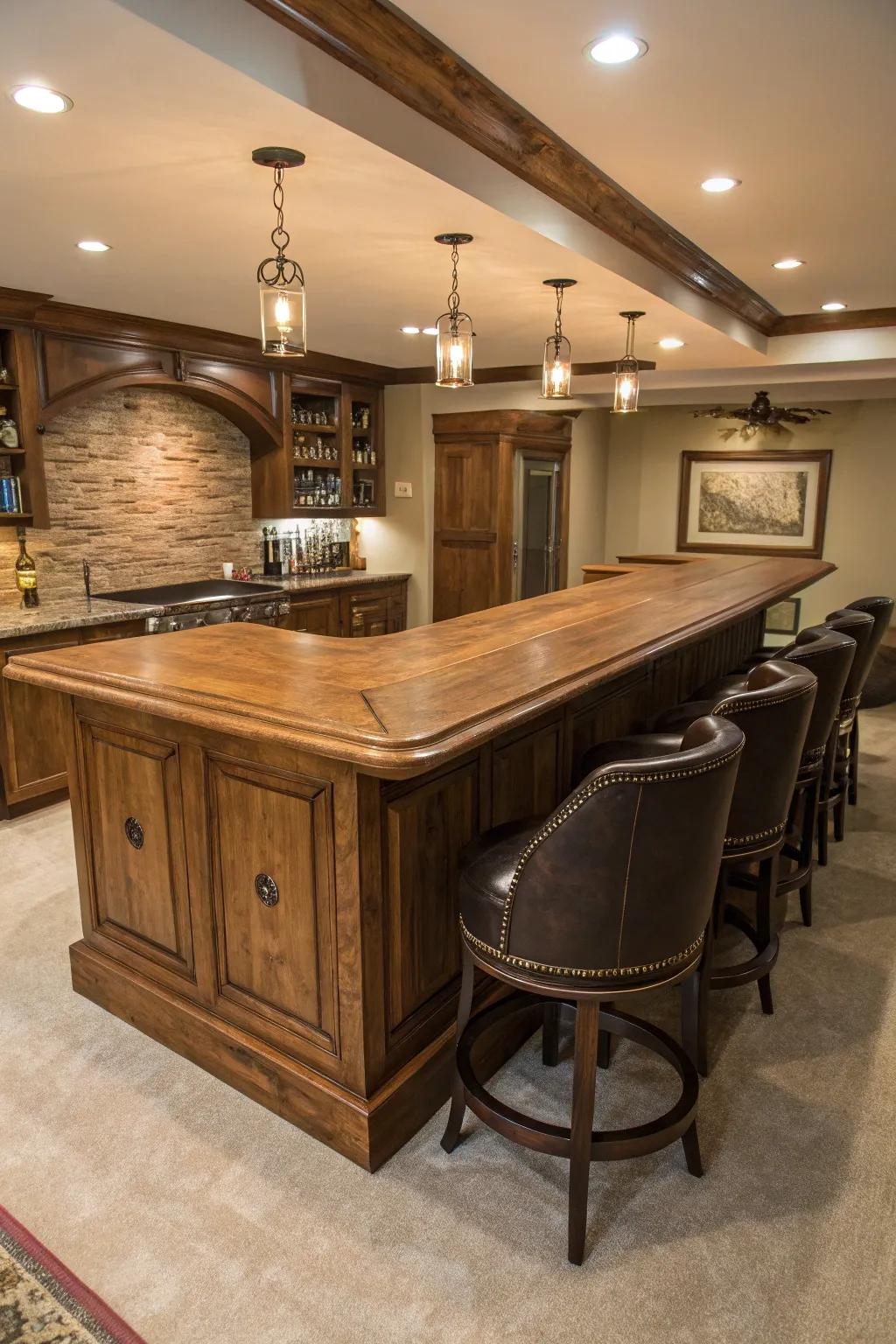 Elevate your basement bar with a central counter that invites conversation and style.