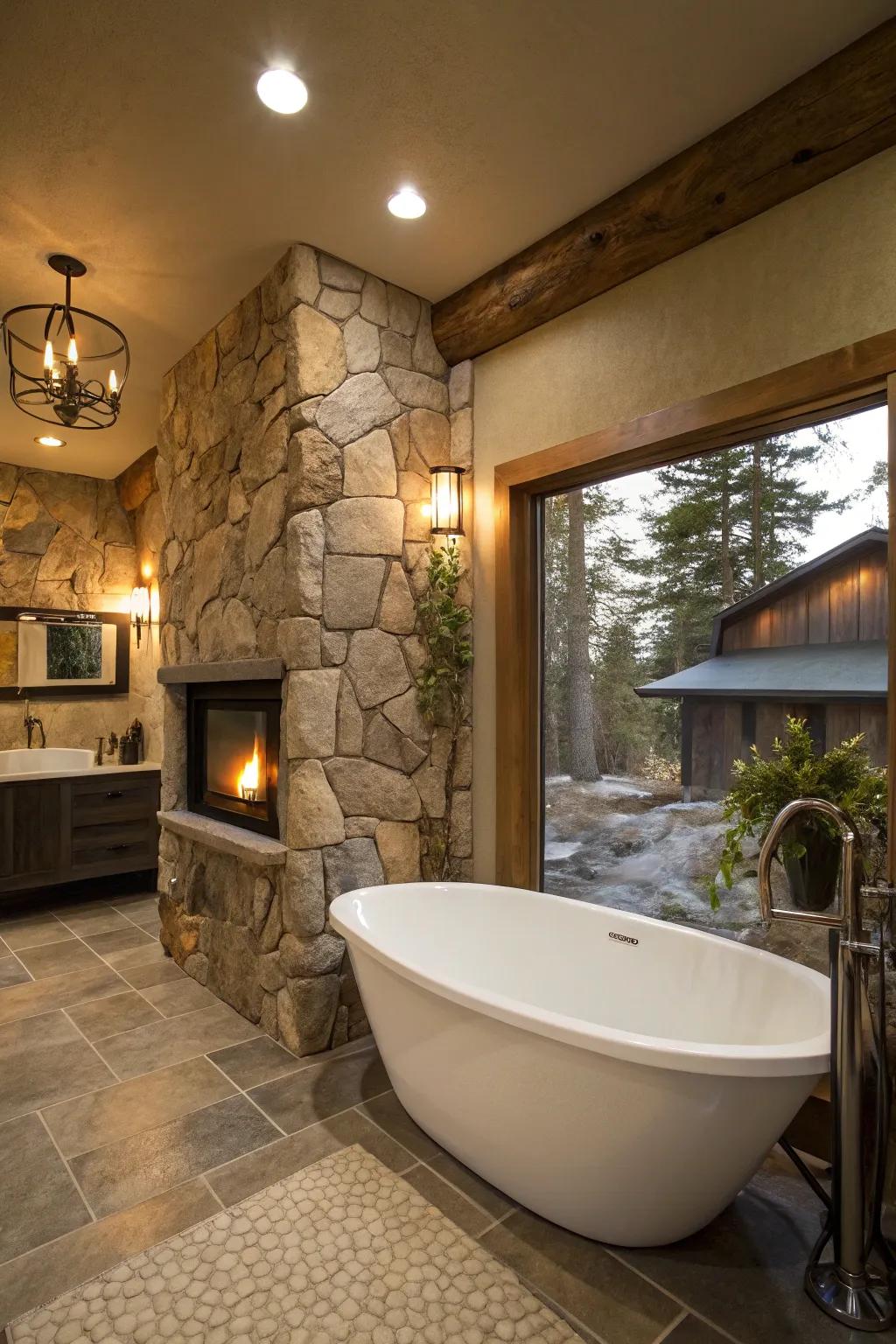 Freestanding bathtub paired with a modern fireplace for ultimate relaxation.