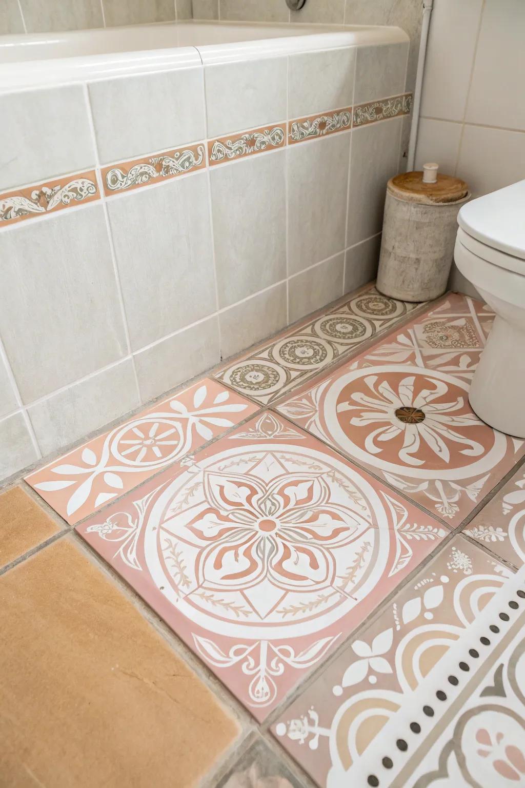 Witness the magic of transformation: a single painted tile that redefines the entire bathroom aesthetic.