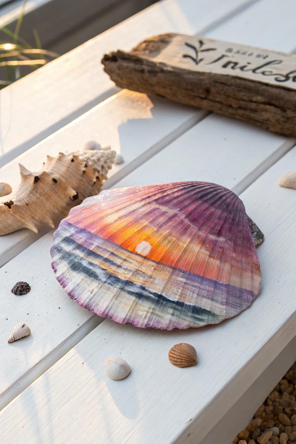 Capture the beauty of a sunset beach on a seashell—where craftsmanship meets natural elegance.