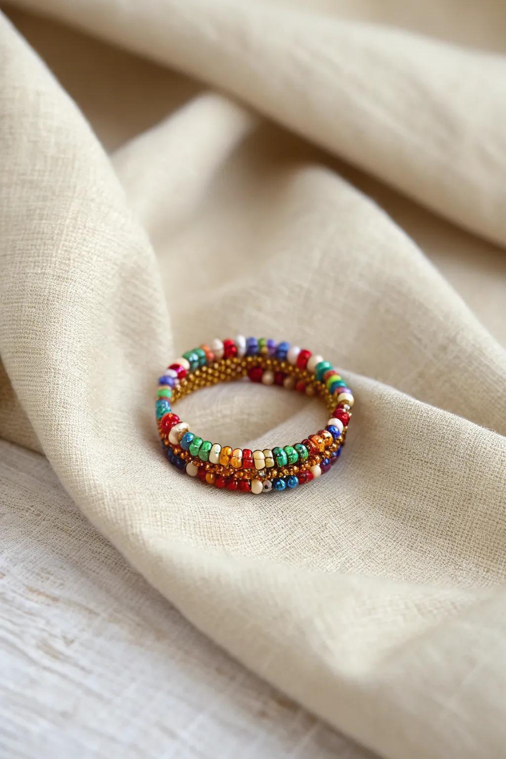 Embrace the vibrant spirit of carnival with this stunning handcrafted beaded ring.