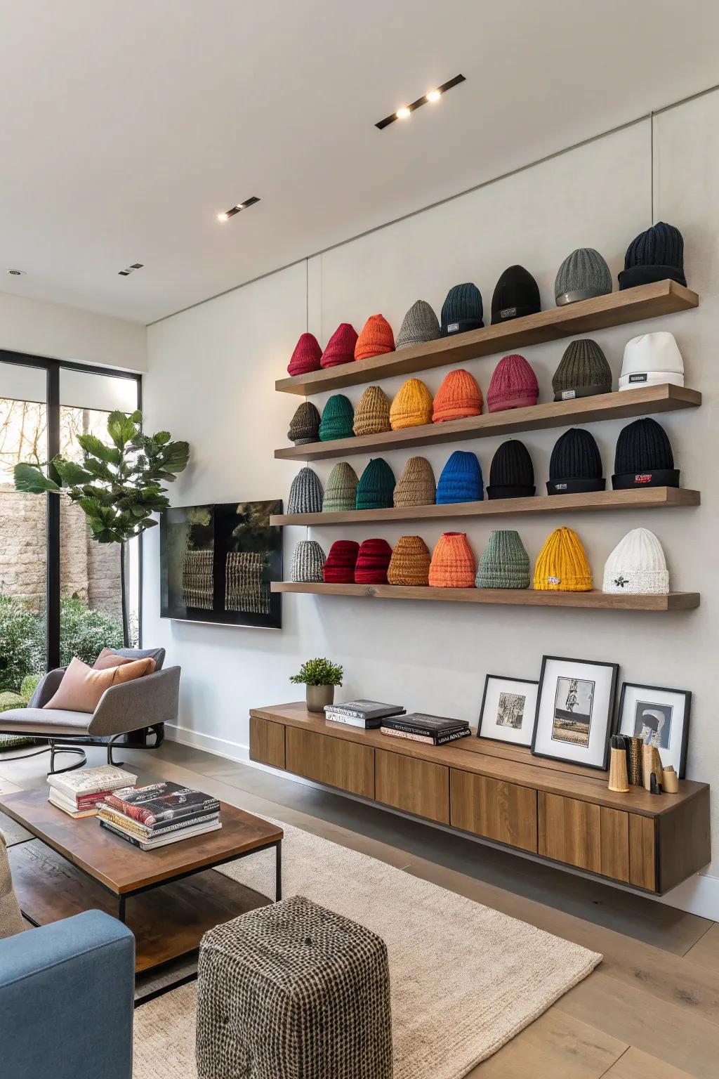 Floating shelves turn your beanies into a vibrant wall feature.