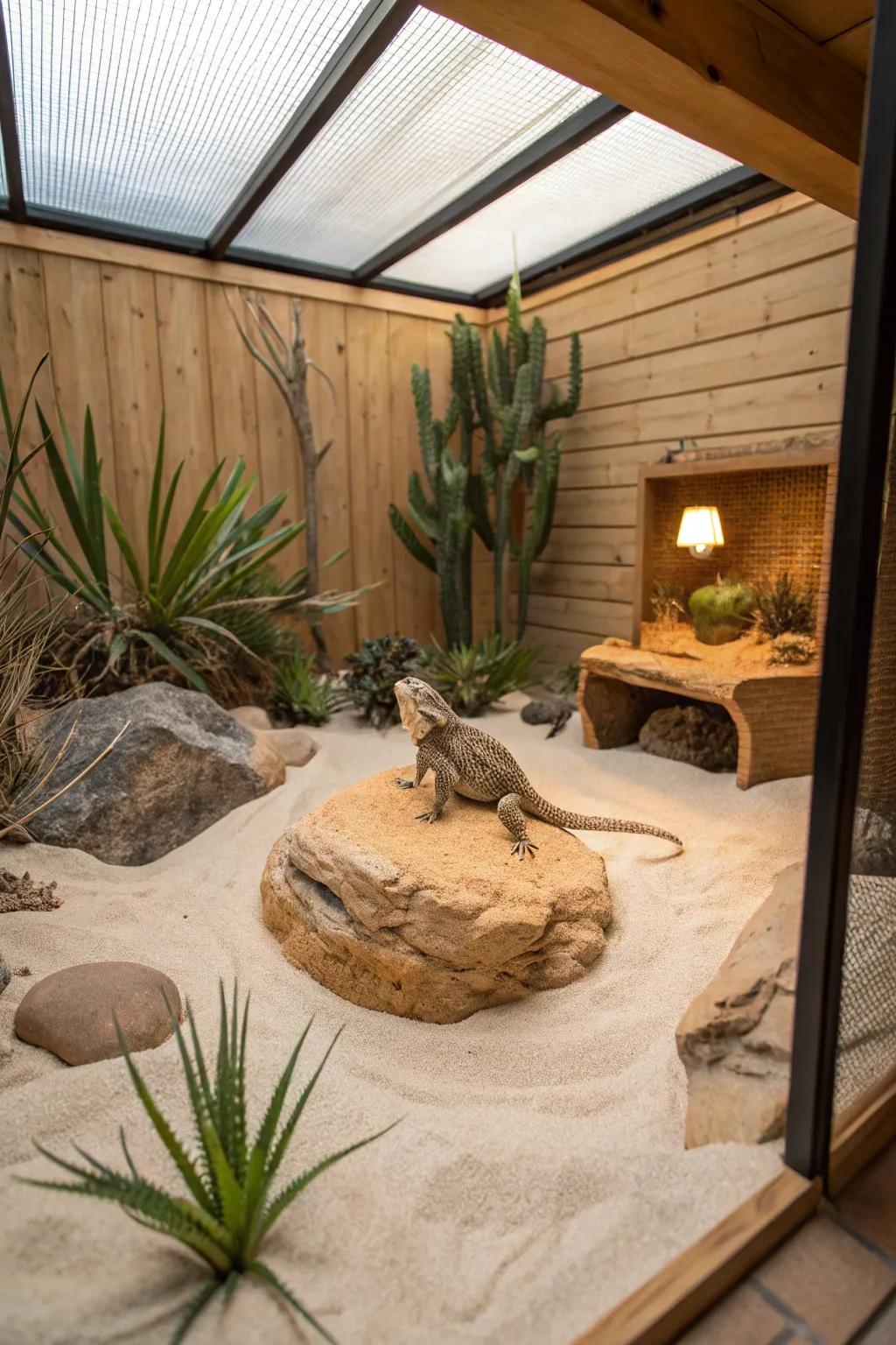 Create a serene desert oasis for your bearded dragon with natural elements and minimalist elegance.