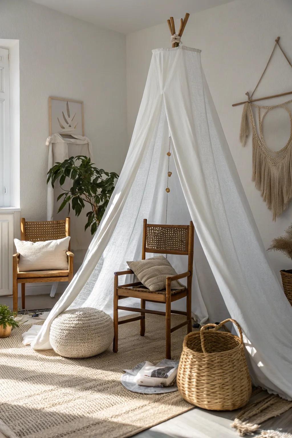 Rediscover the magic of childhood with a minimalist blanket fort—your cozy retreat for a serene afternoon.