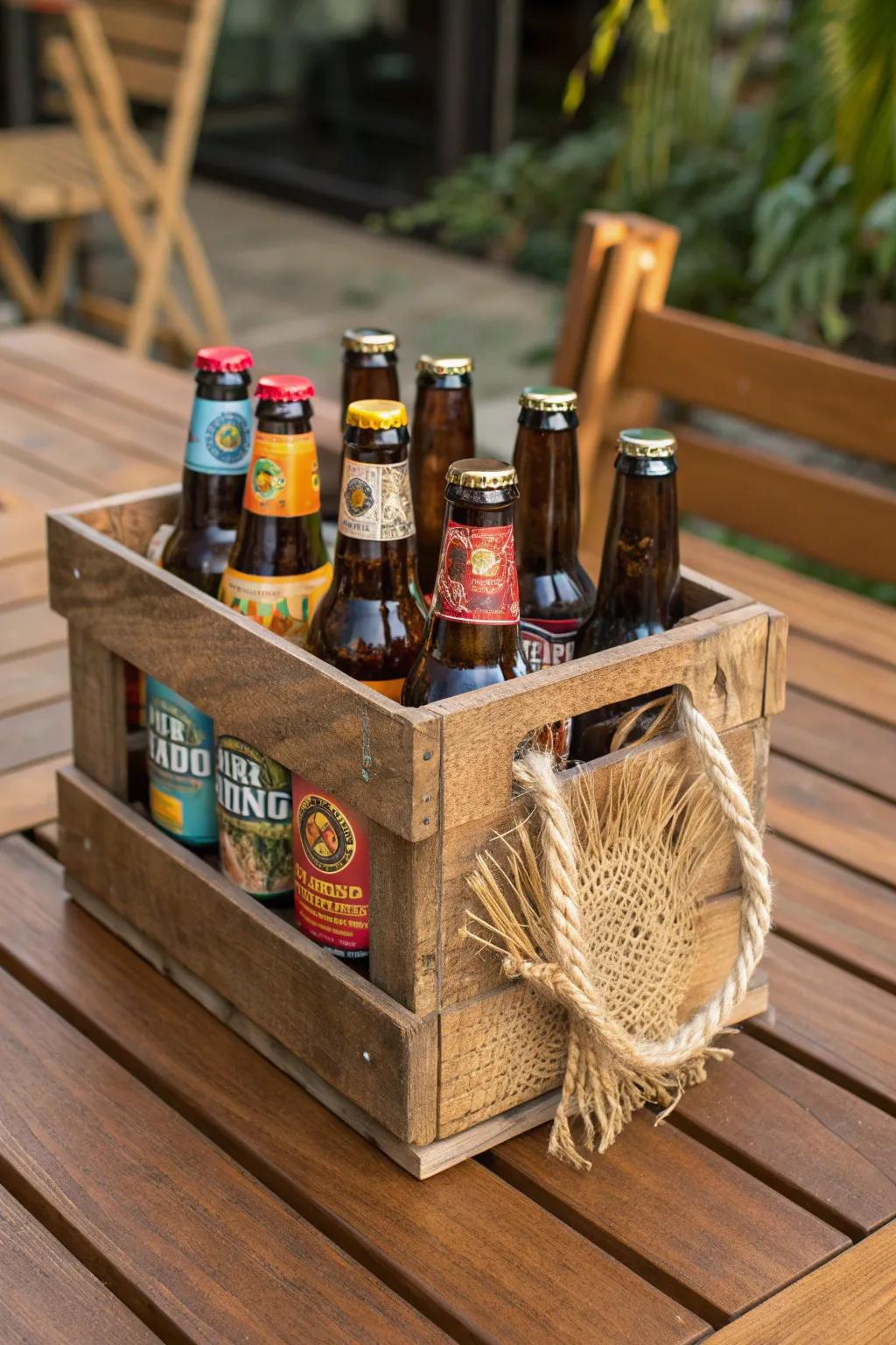 Elevate your gift-giving with a rustic beer crate filled with local brews.