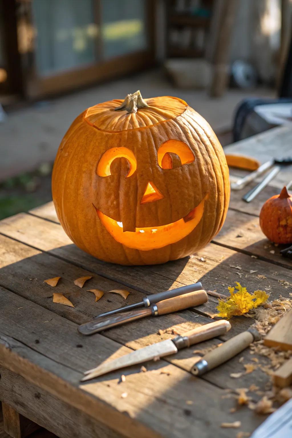 Embrace the simplicity of Halloween with a classic smiley face pumpkin carving. Perfect for beginners!