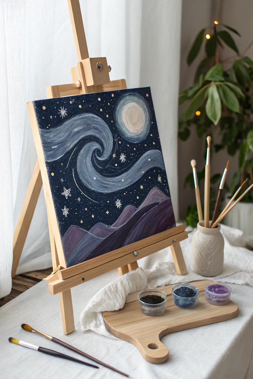 Capture the tranquility of a starry night with this serene and simple painting idea.