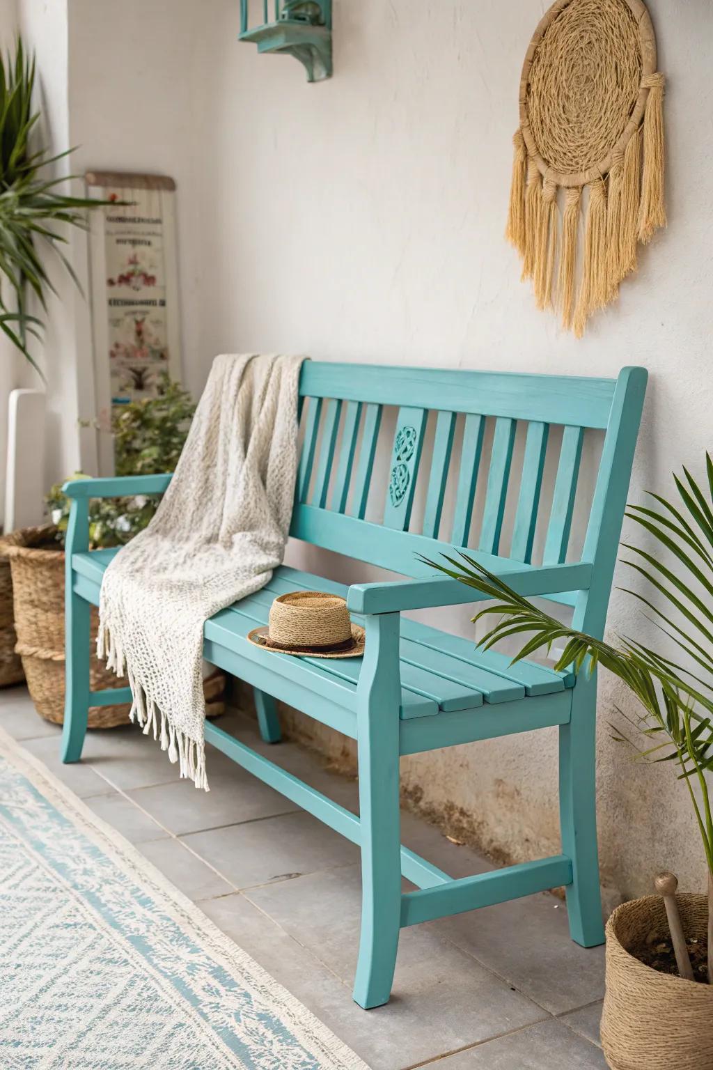 Transform your space with a bold turquoise bench, where minimalist meets boho elegance.