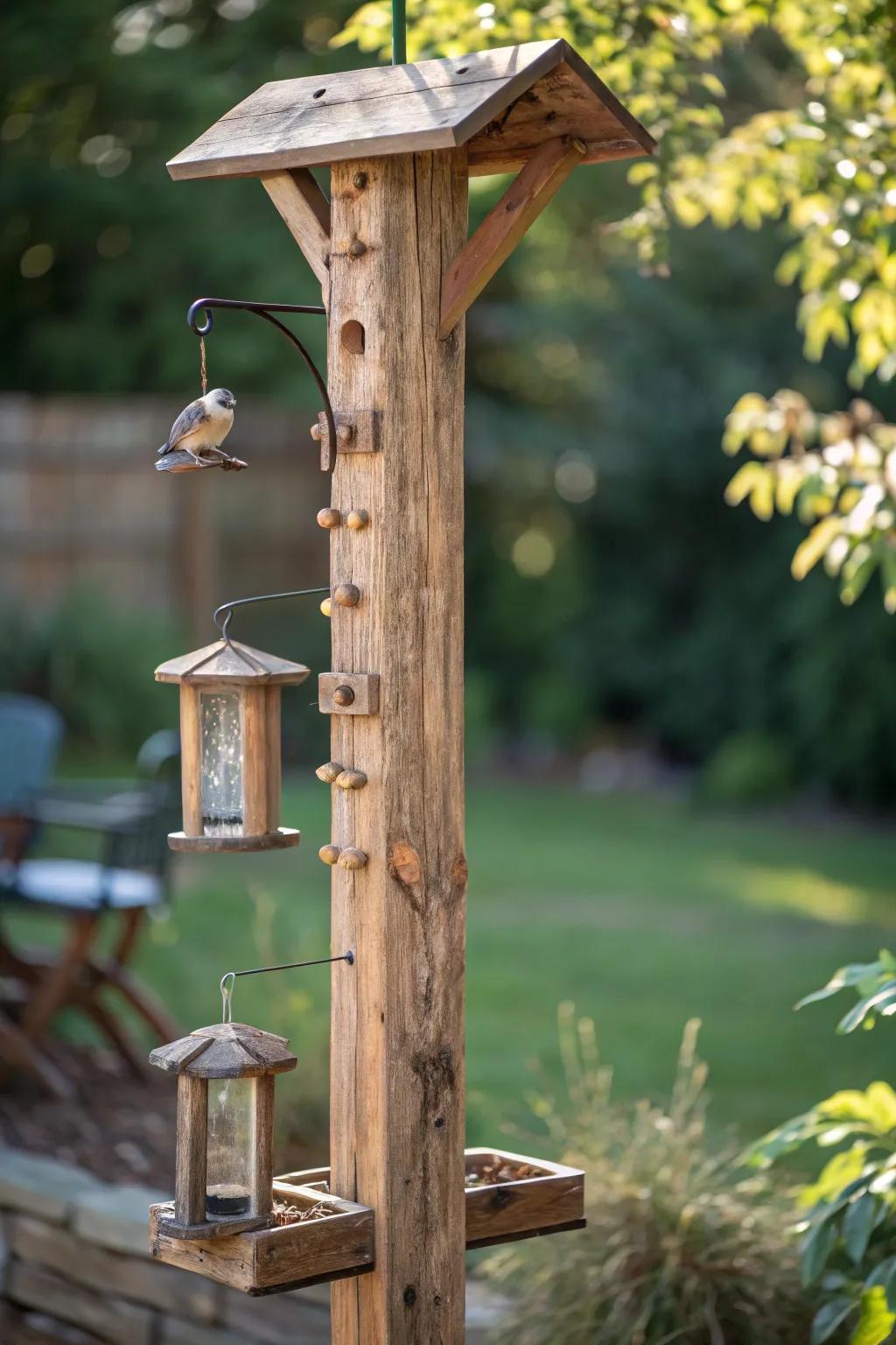 Embrace rustic charm and sustainability with a handcrafted bird feeder pole.
