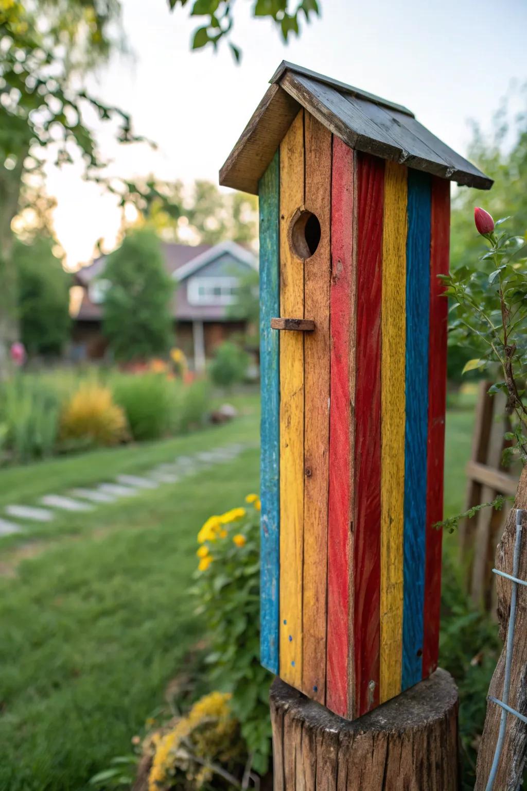 Transform your garden with a burst of color and craftsmanship - a vibrant birdhouse post that stands out beautifully.