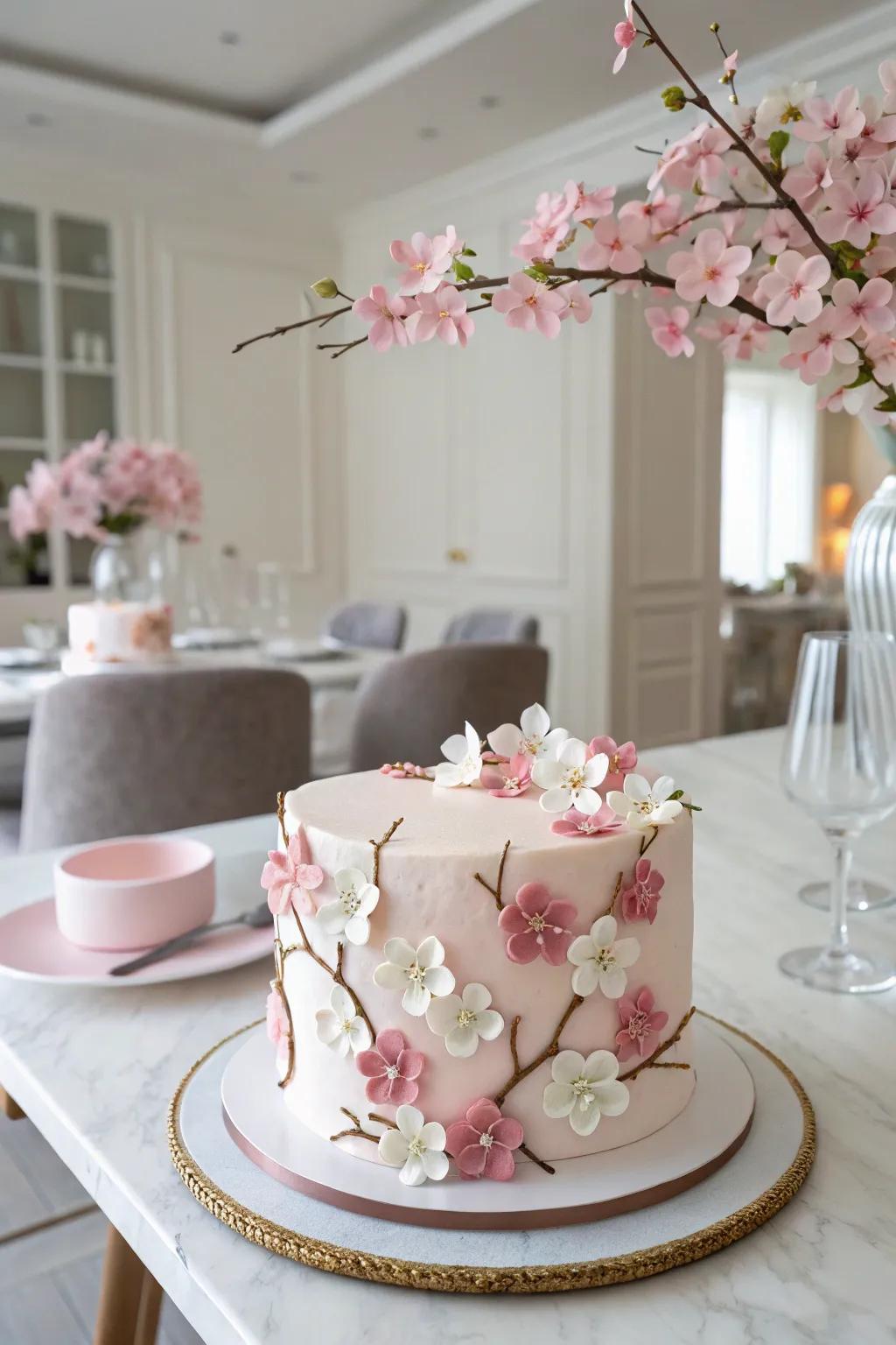 A classic cherry blossom cake adorned with delicate sugar flowers.