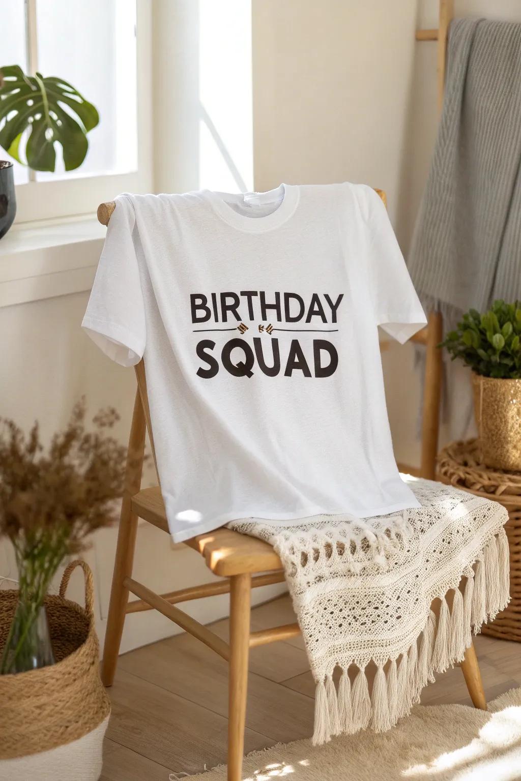 Celebrate in style with timeless 'Birthday Squad' t-shirts that blend simplicity and charm.