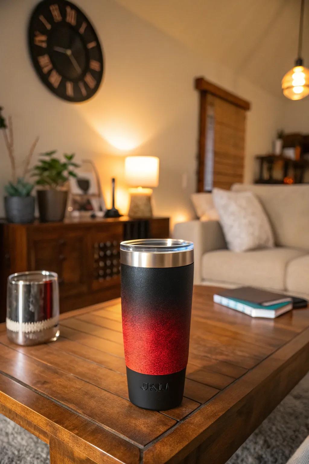 A seamless black to red gradient tumbler that exudes elegance.