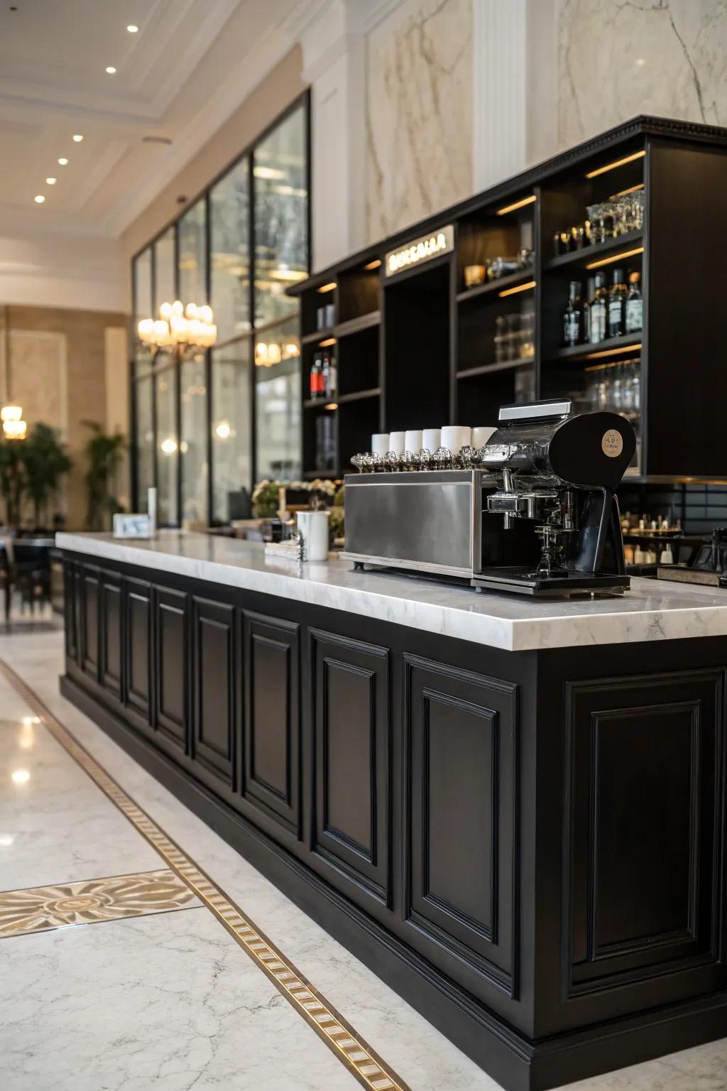 Elegant black cabinets paired with a marble countertop