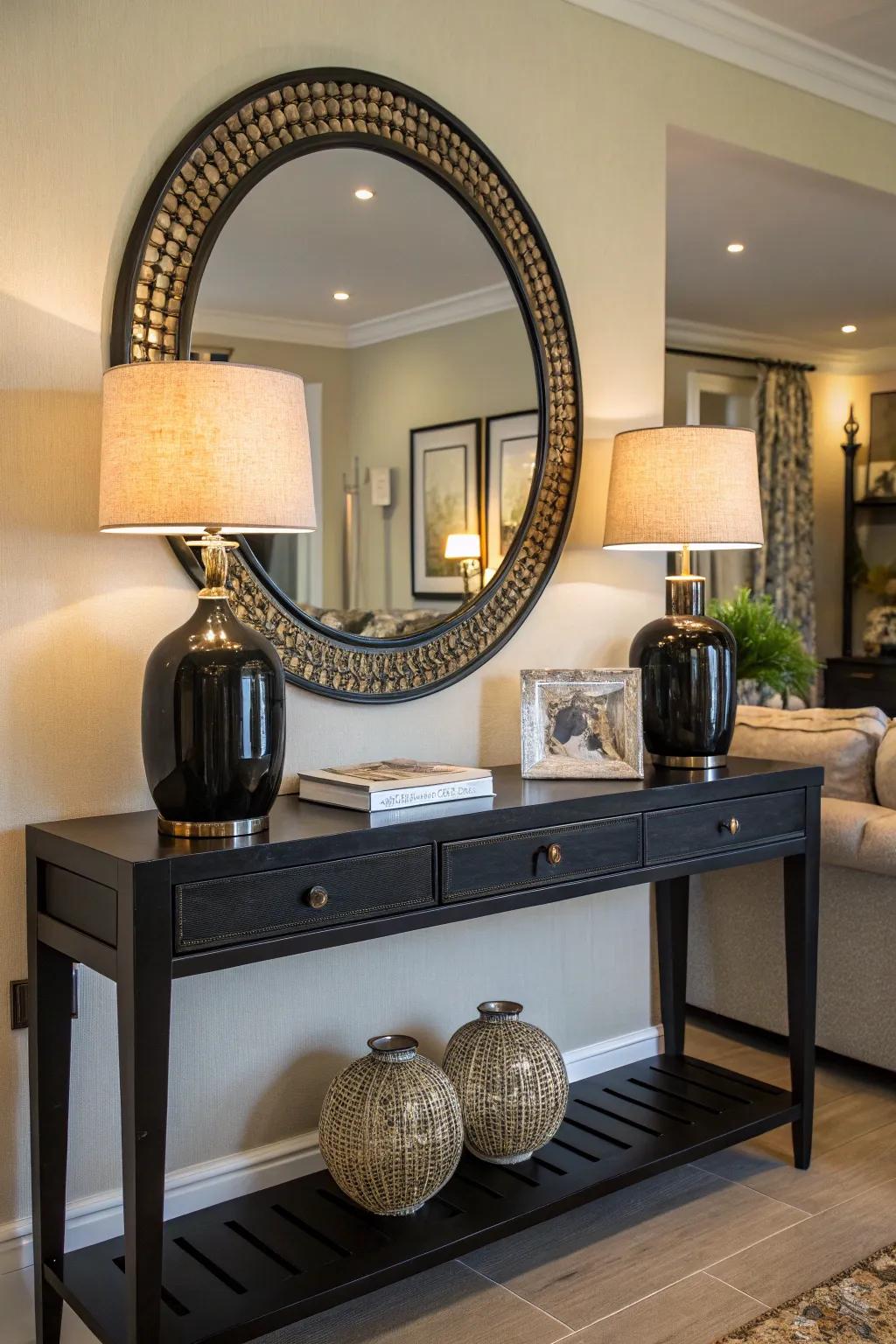 A round mirror above a black console table enhances space and light.