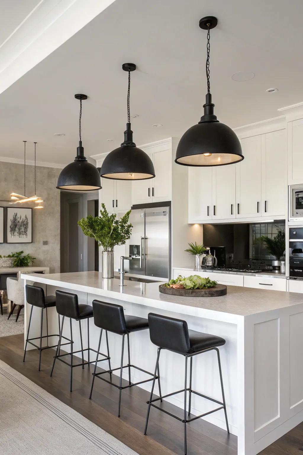 Sleek black pendant lights bring a modern edge to any kitchen.