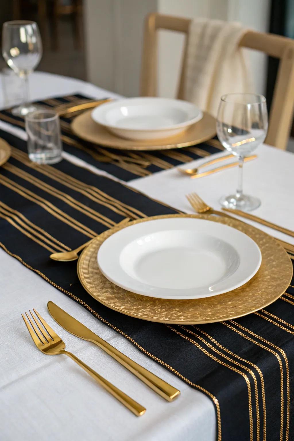 A black and gold striped runner adds drama and style to any table.