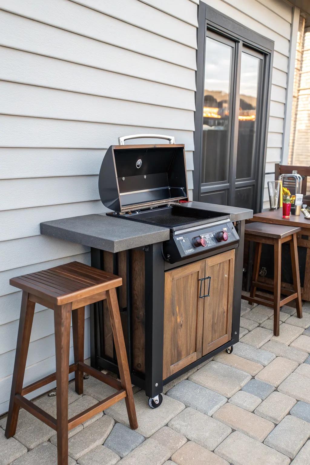 Transform your small patio into a stylish outdoor kitchen with a compact Blackstone setup—where elegance meets functionality.