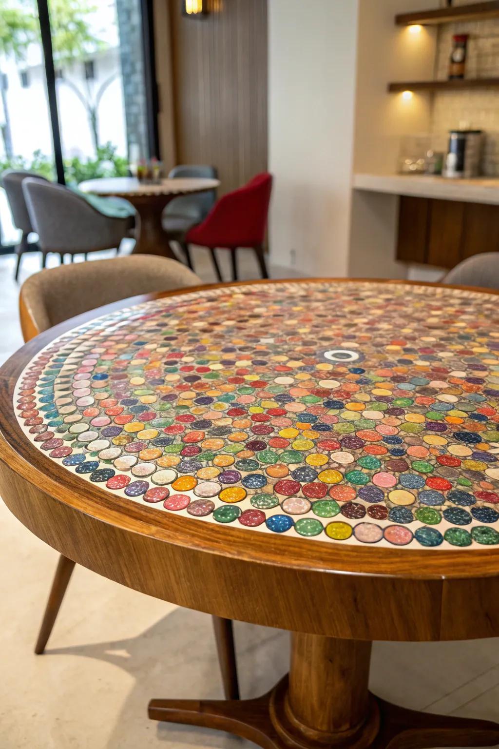 A masterpiece of craftsmanship: the classic round bottle cap epoxy table that transforms dining into an artful experience.