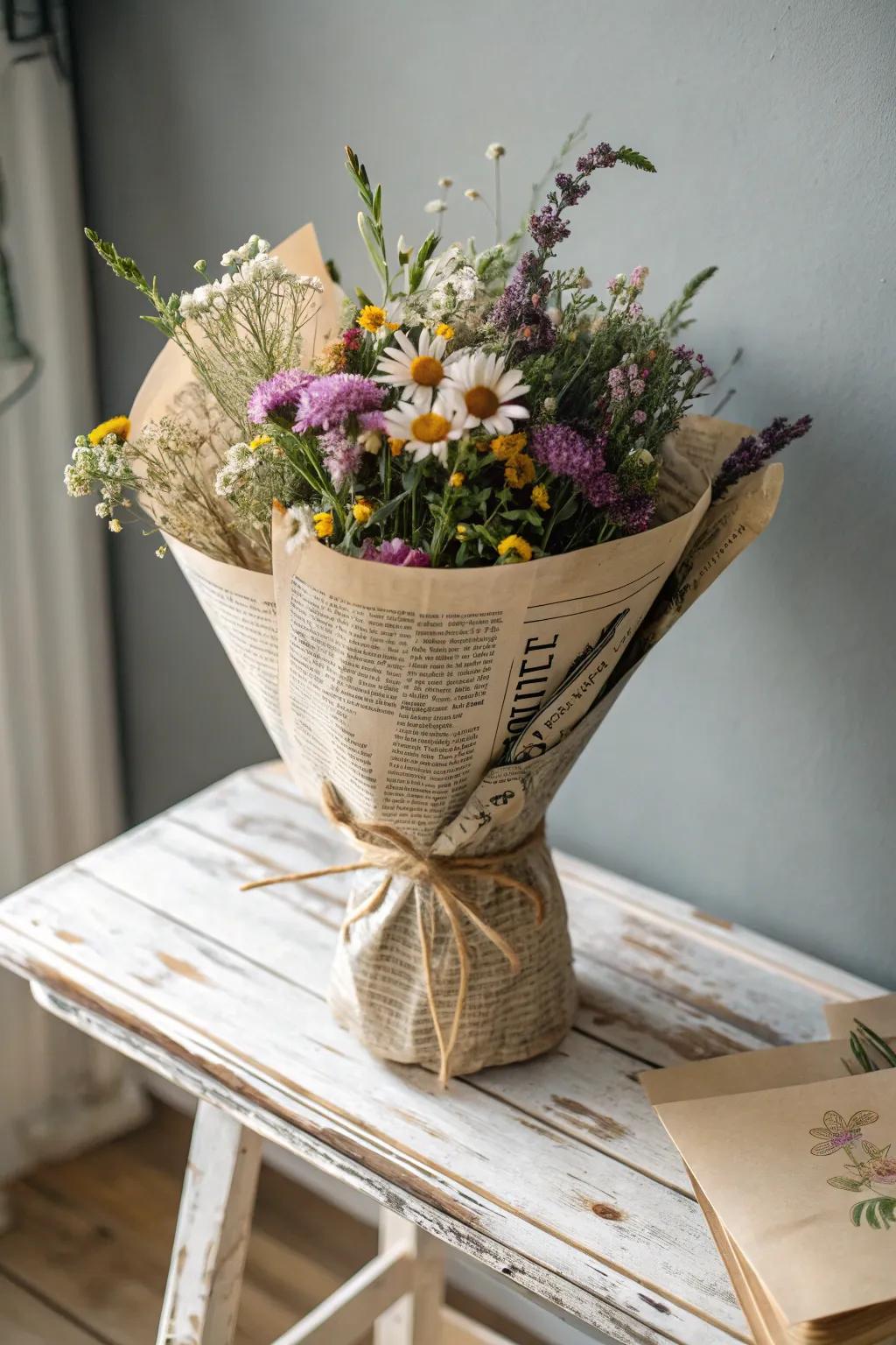 Embrace sustainable chic with a vintage newspaper wrap for your floral arrangements. 🌿📰