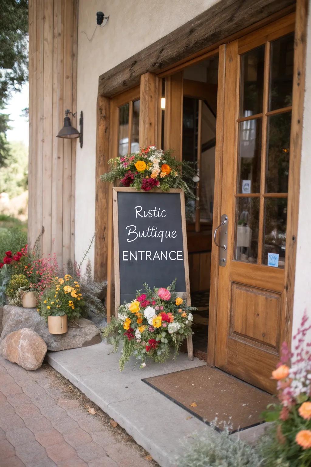 A charming chalkboard sign that adds a personal touch to a boutique entrance.