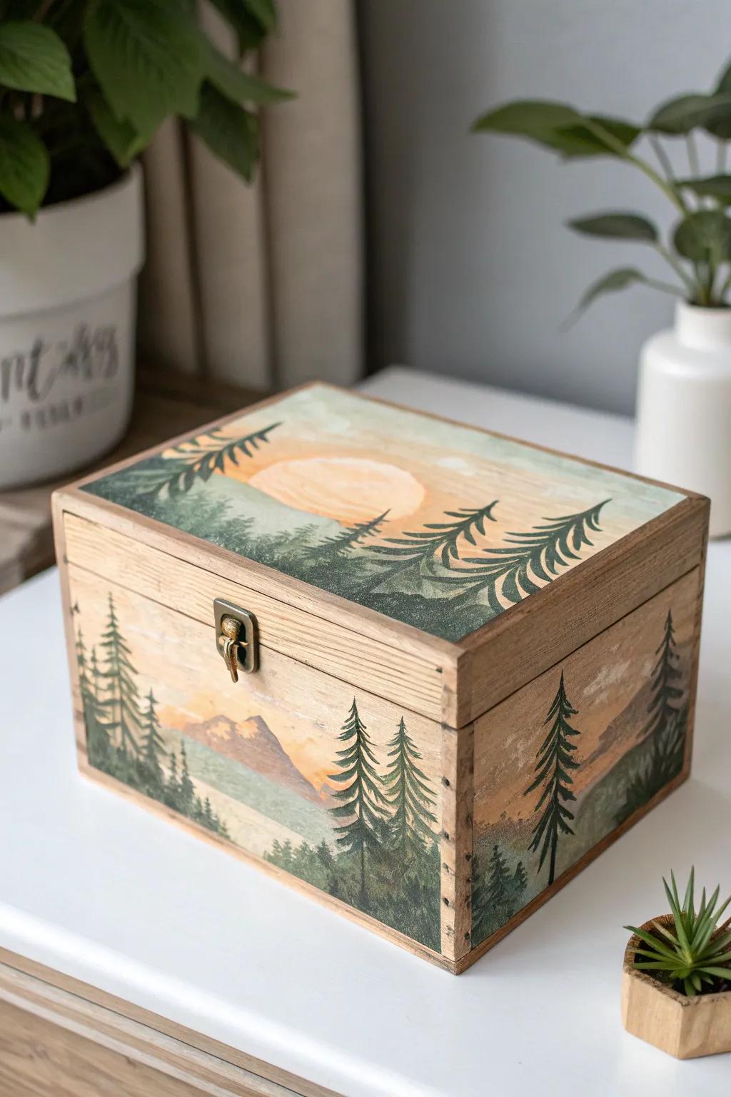 Bring the serenity of nature into your home with this beautifully painted box, capturing the essence of a peaceful forest sunset.
