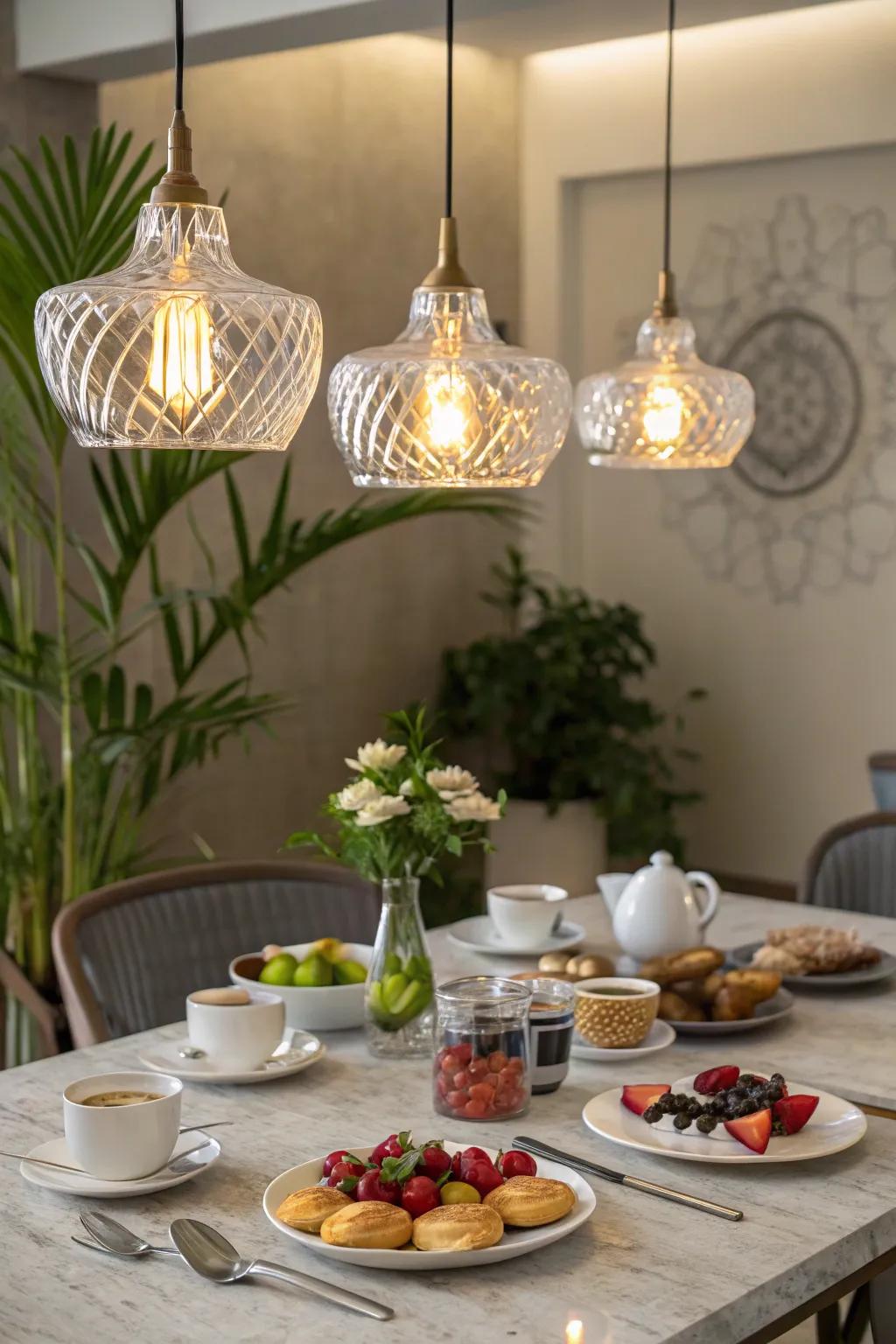 Elegant pendant lights enhancing the charm of a breakfast table.