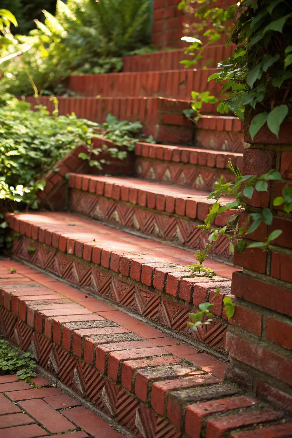 Step into timeless elegance with classic red brick steps that effortlessly blend with nature's green.