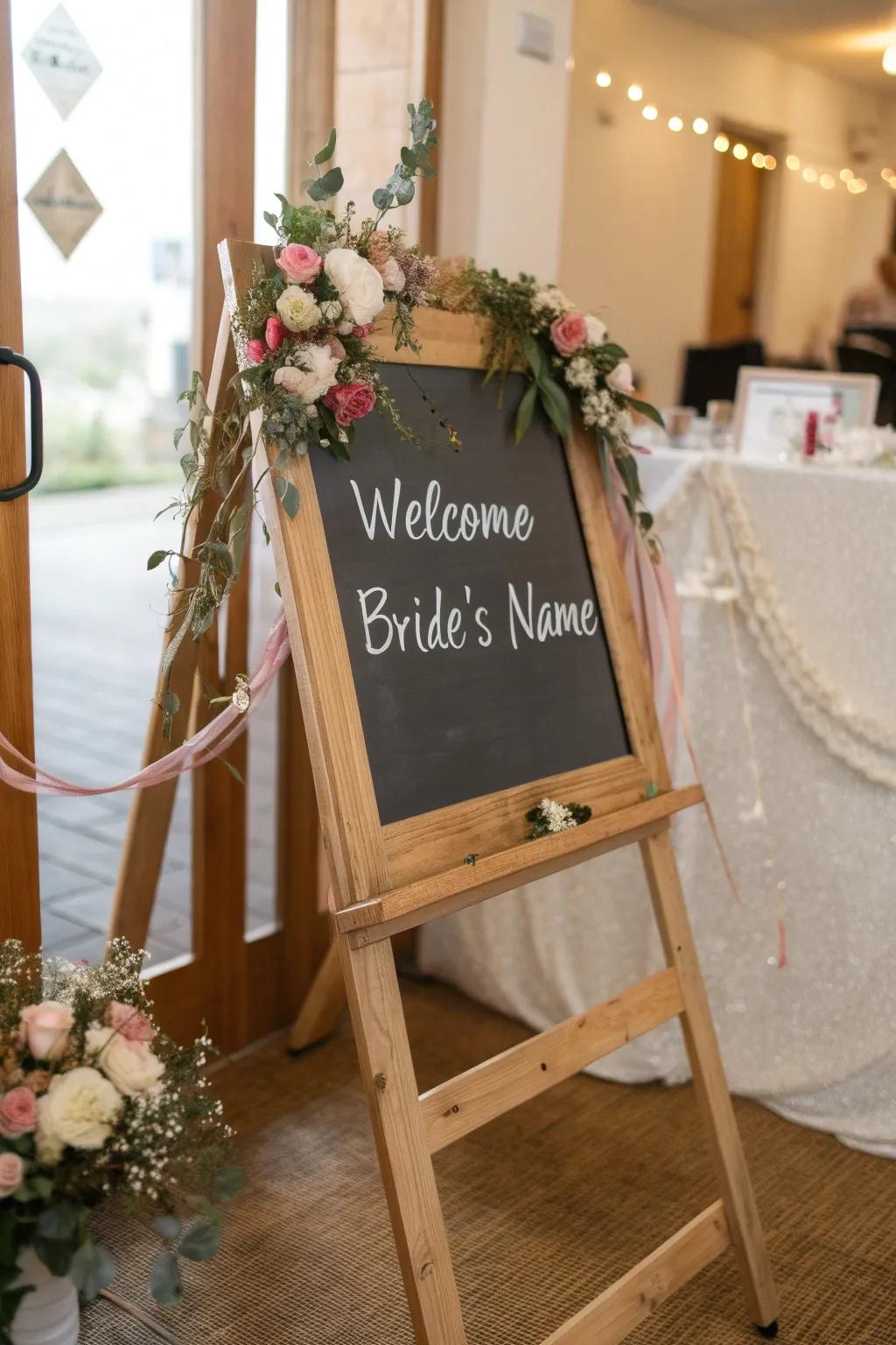 A personalized welcome sign sets the stage for a memorable bridal shower.